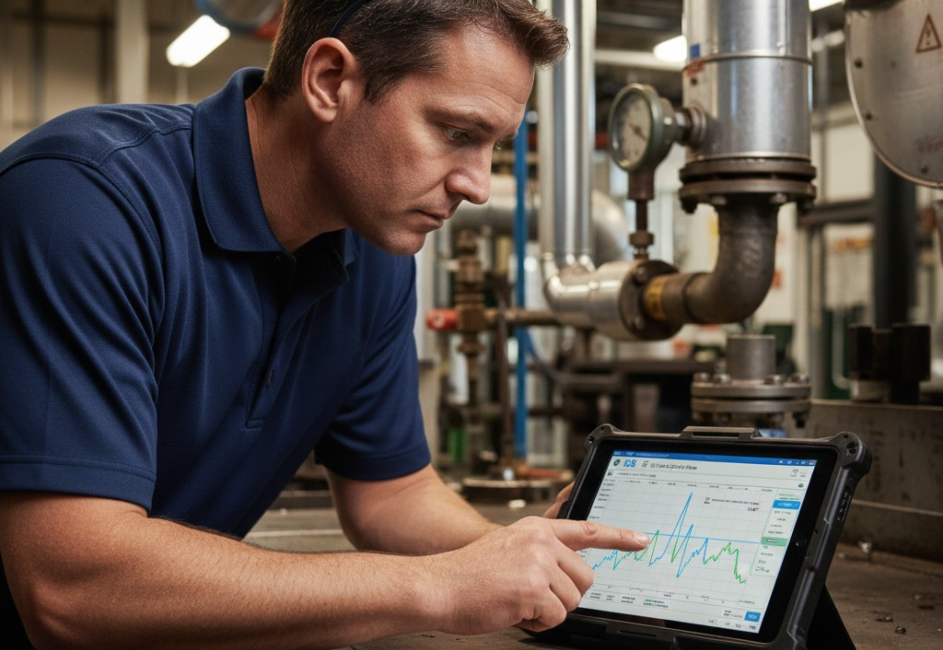 Man examining data on a tablet in an industrial setting, pointing at a graph.