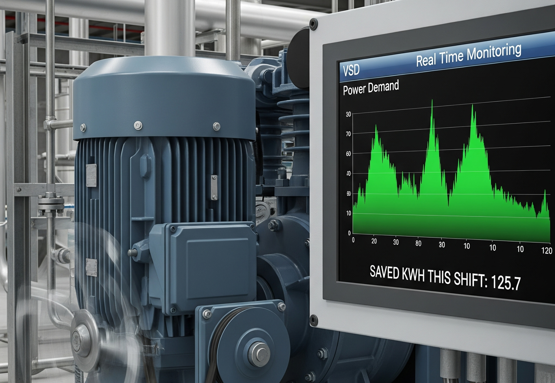 Large electric motor with real-time power demand graph on a monitor in an industrial setting.