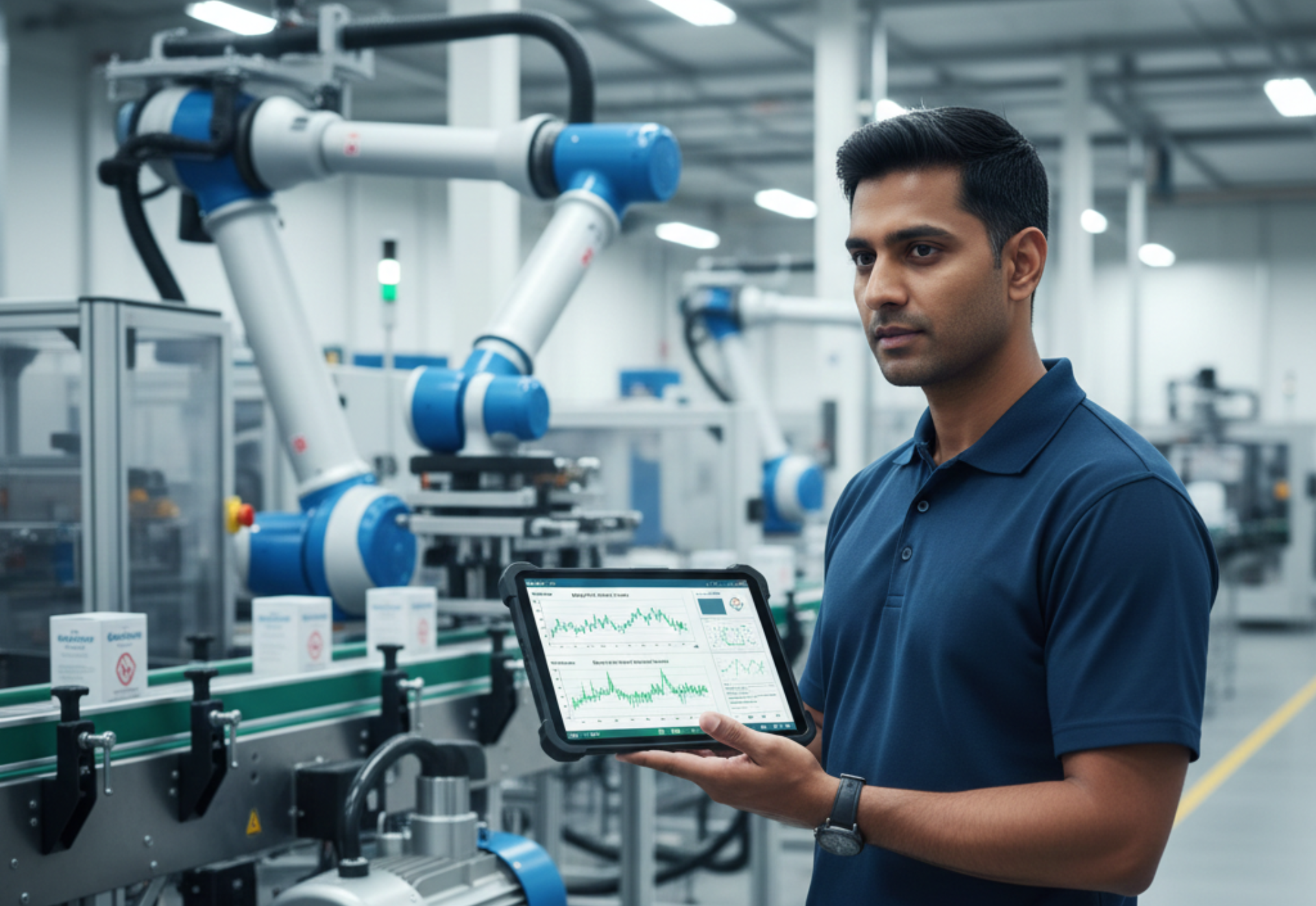 Man holding a tablet, inspecting a robotic arm in a factory setting.