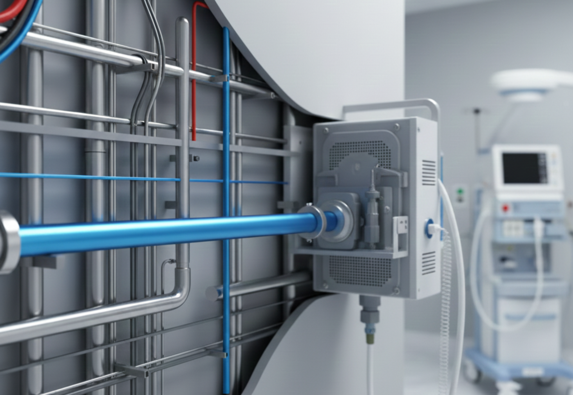 Cutaway view of medical gas piping in a hospital wall, with an attached ventilator. Blue, red, and silver pipes.
