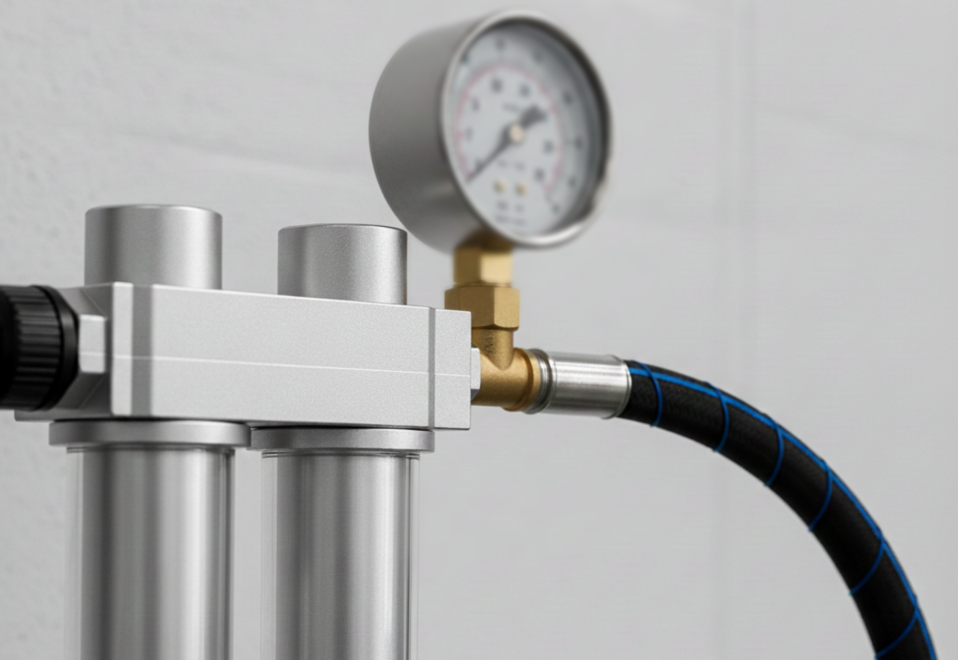 Close-up of metallic air filter system with pressure gauge and black hose against white wall.