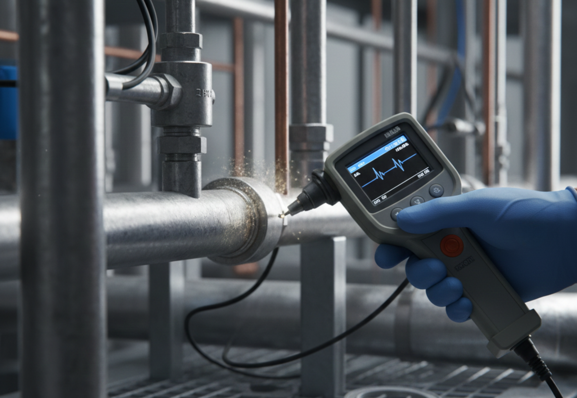 Person in blue gloves using a handheld device to inspect metal pipes in an industrial setting.