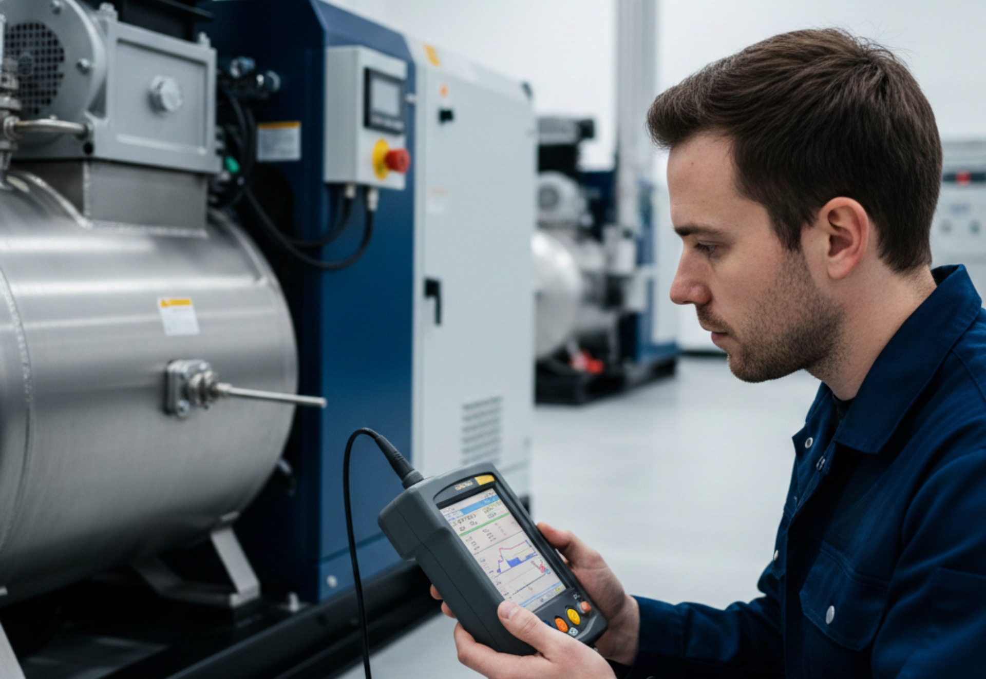 Man inspects machinery using a handheld device in a lab.