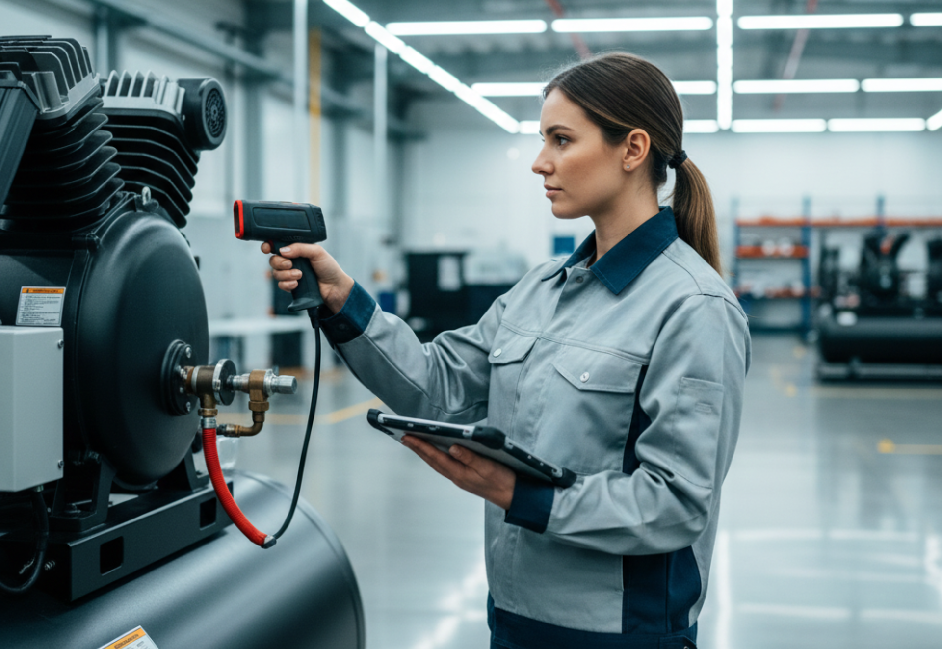 Woman using a handheld thermal scanner on industrial equipment in a factory setting.