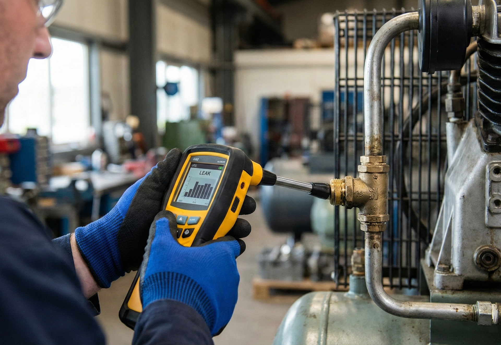 Person in gloves using a yellow device to inspect a metal pipe in a workshop.