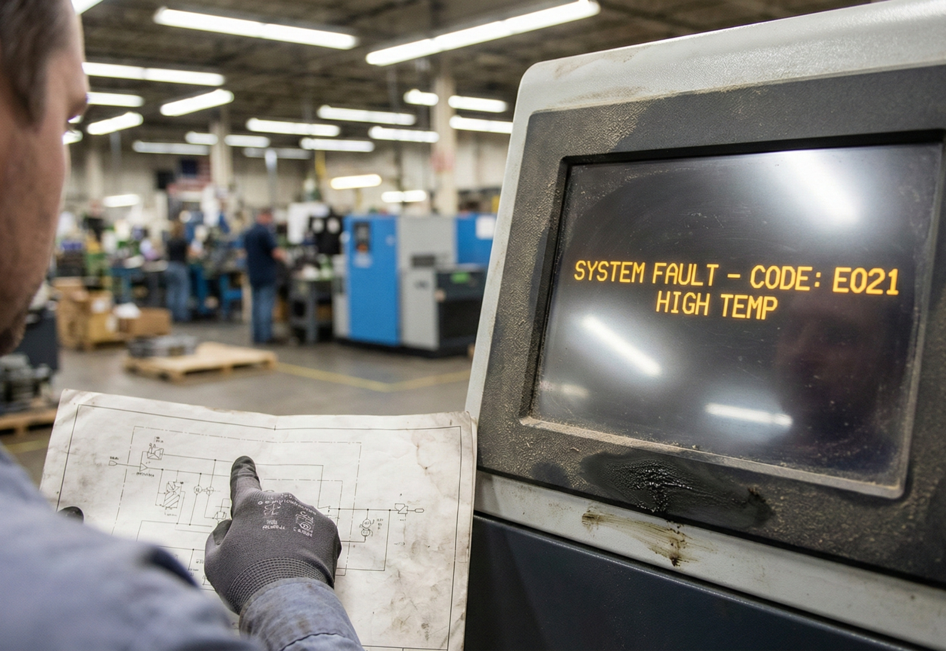 Person reading a manual while troubleshooting a machine displaying