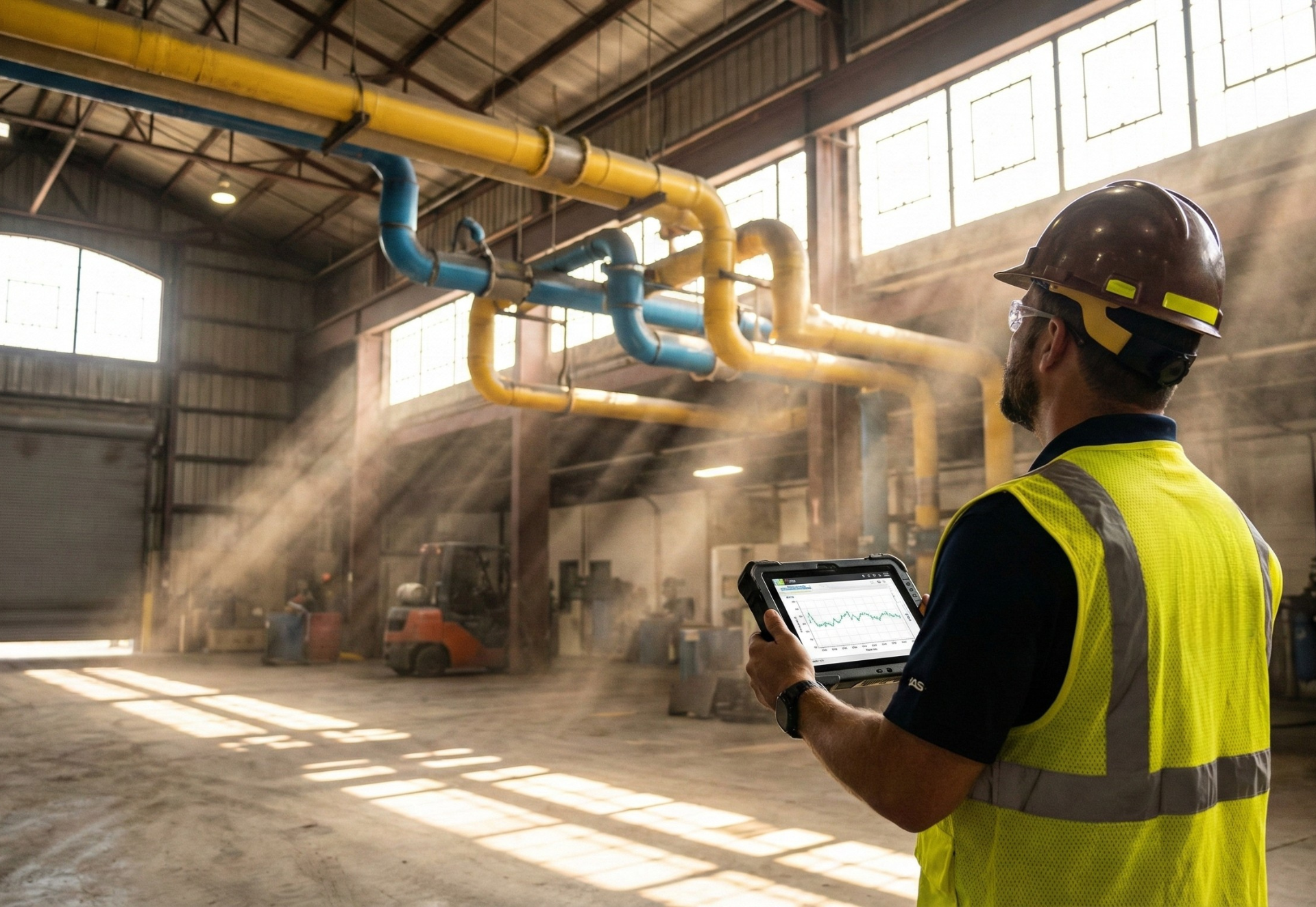 A person in safety vest and hard hat inspects pipes in a dusty industrial warehouse, using a tablet.