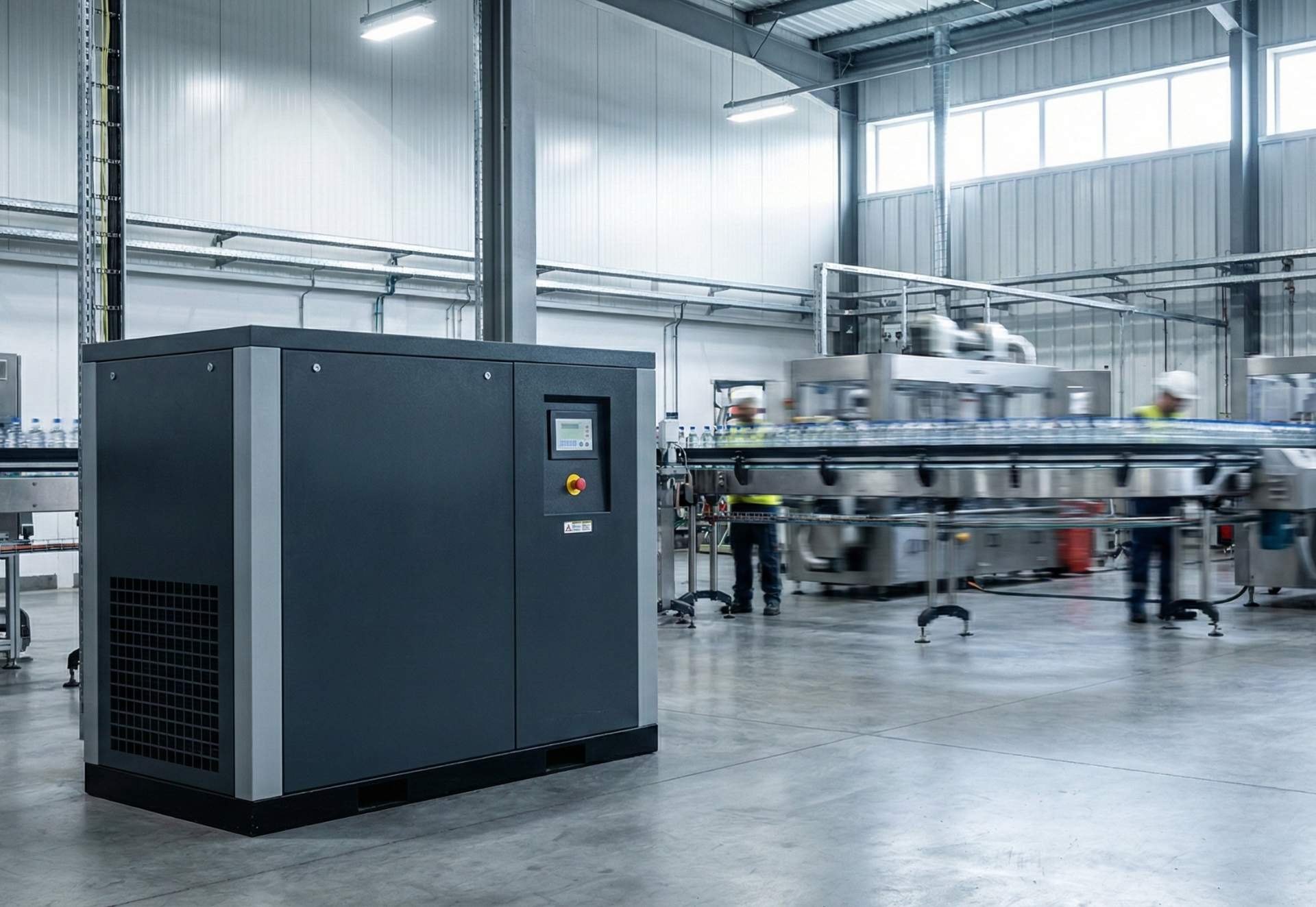 Dark gray industrial chiller in a bottling plant, with workers and machinery visible.