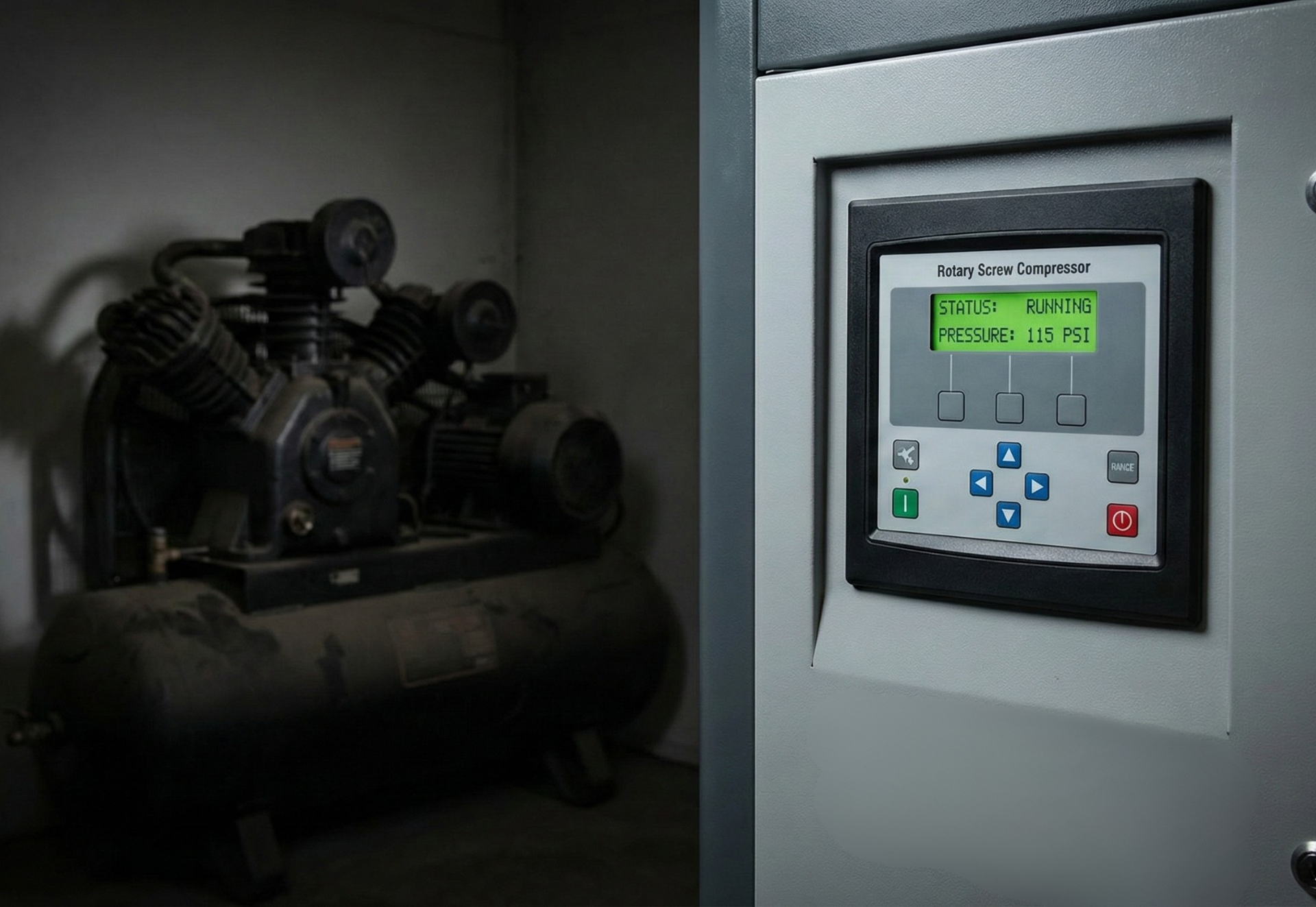 Air compressor in a dim room next to a control panel with a digital display showing readings.