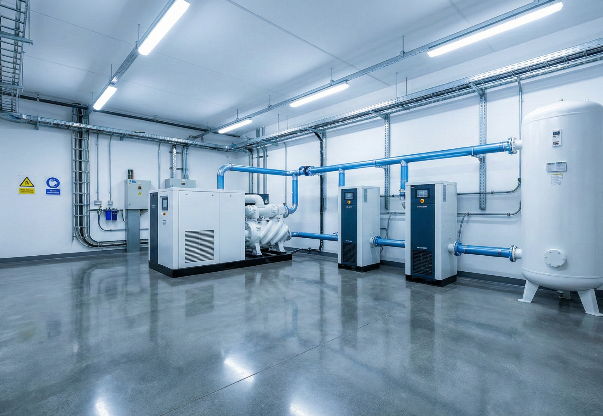 Industrial room with air compressor system, blue pipes, and storage tank. Concrete floor, white walls, and bright lighting.