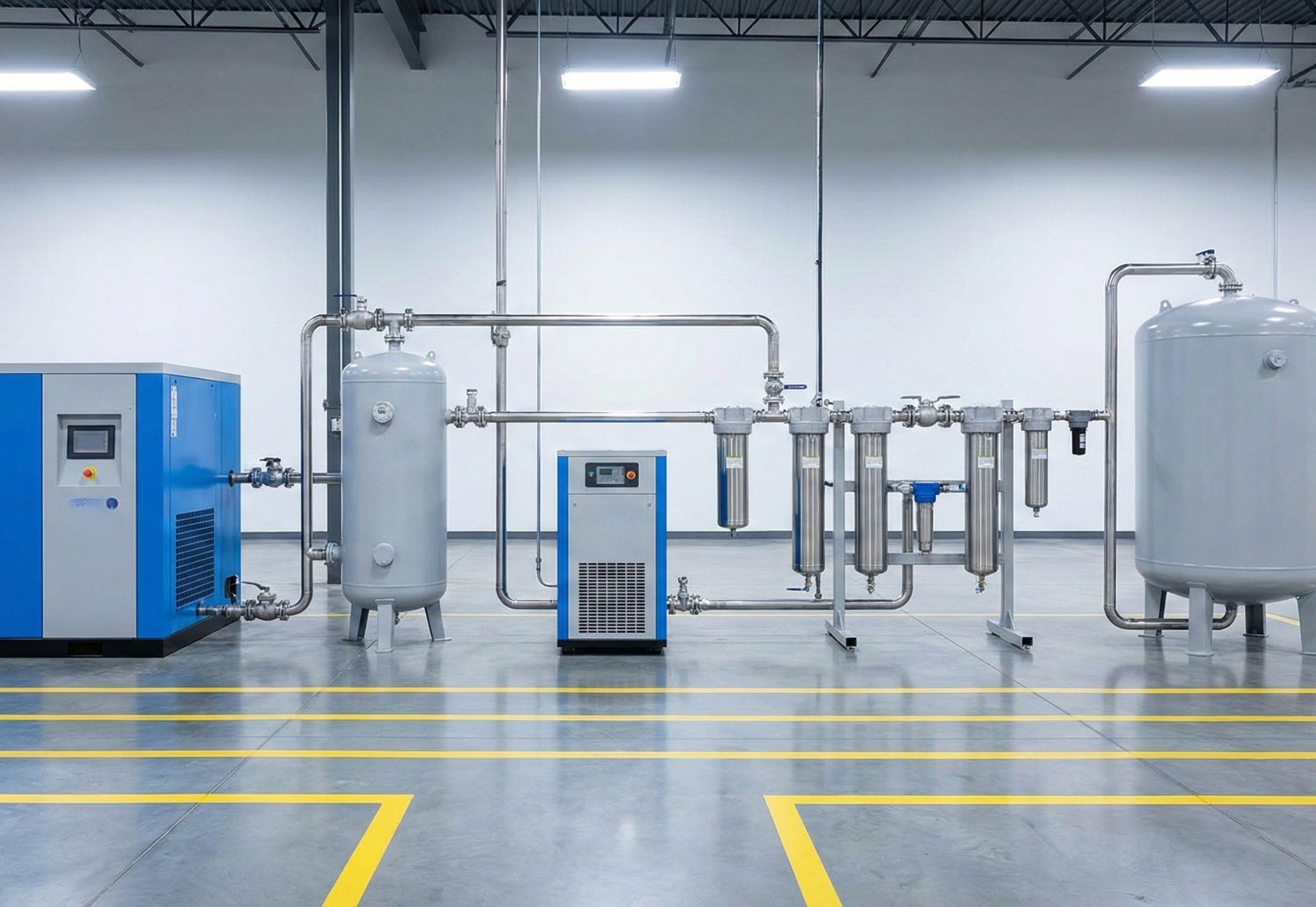 Factory equipment: air compressor, tanks, filters, and dryer. Blue and gray components on a gray floor.