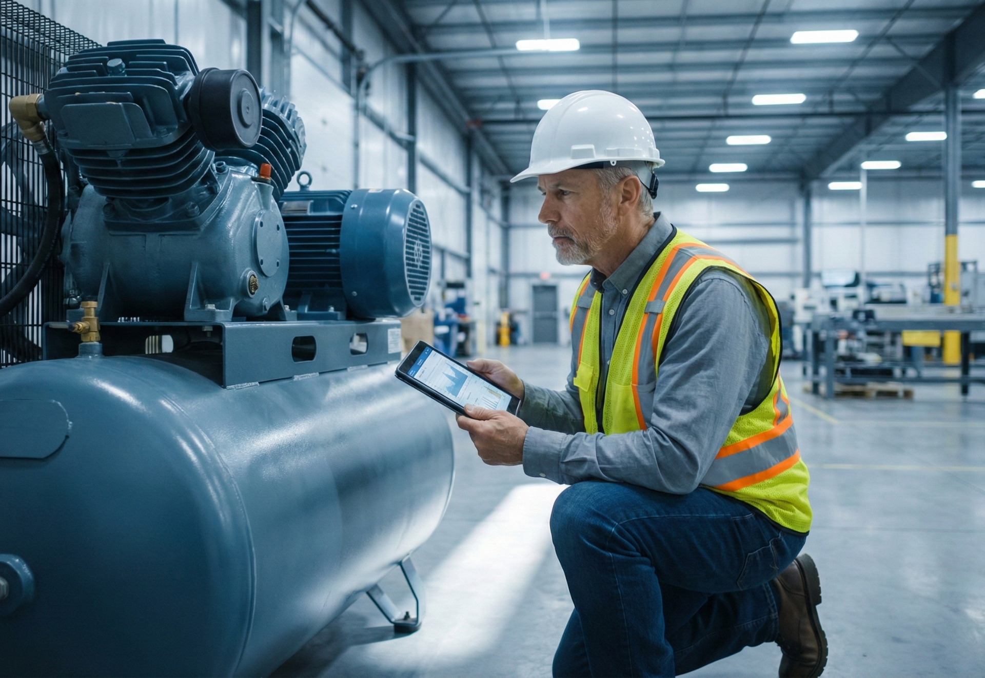 Man in safety vest and hard hat inspects machinery with a tablet in a factory.