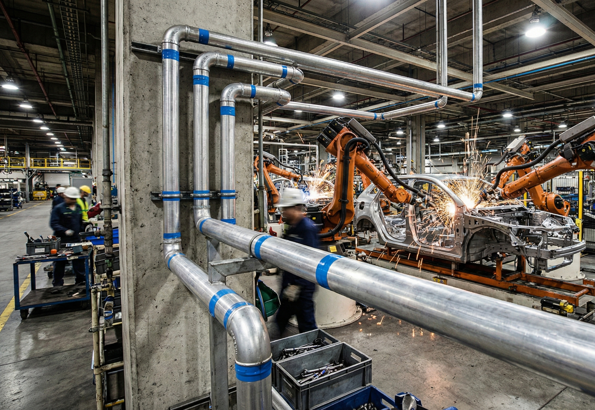 Pipes run through a factory, robot welding a car frame. Workers in hard hats at the assembly line.