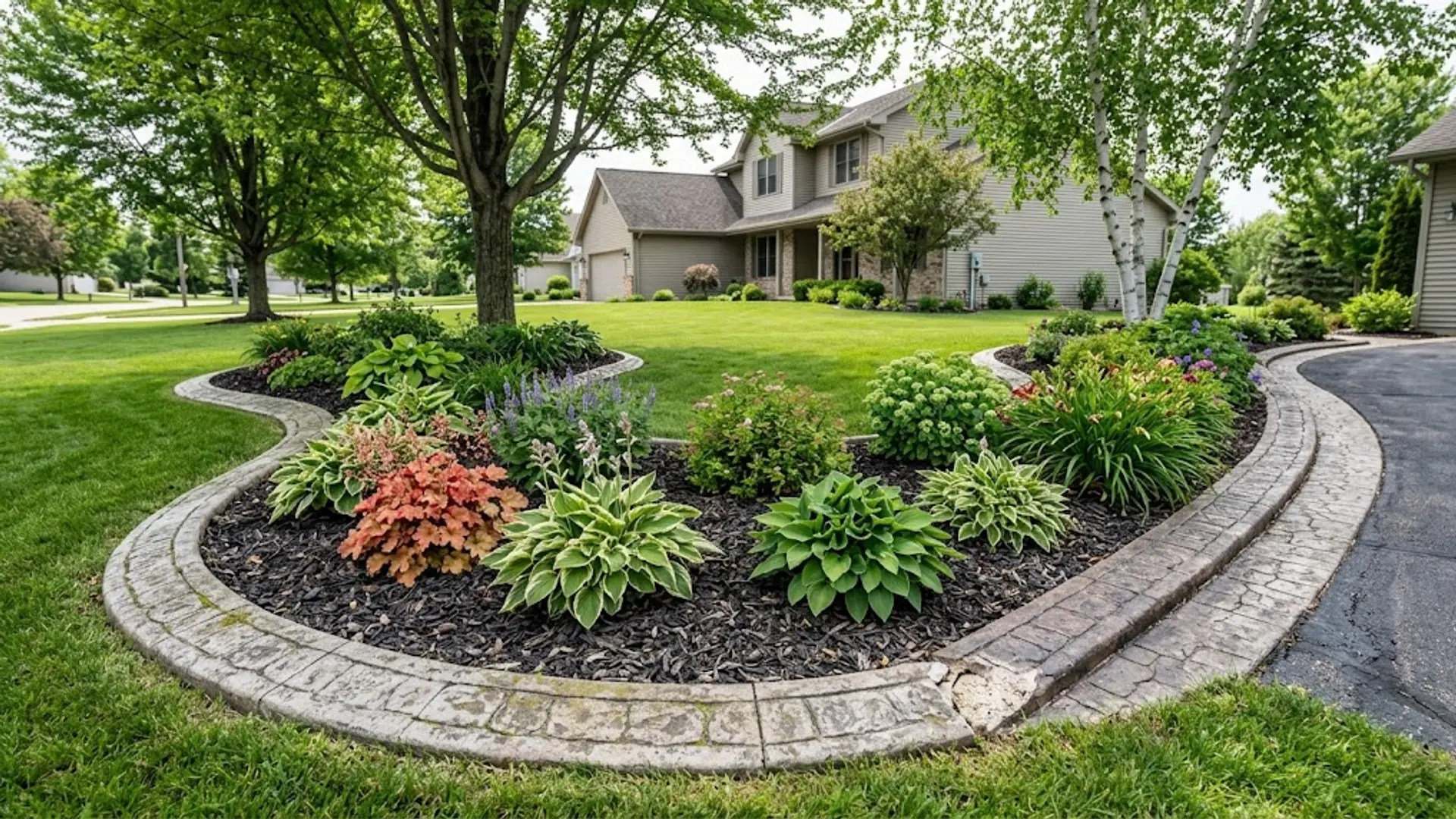 Two people standing on a lawn beside a landscaped garden in front of a suburban house