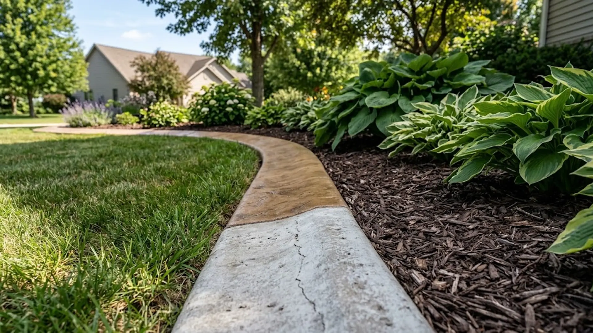 Curved landscape bed with hostas and shrubs bordered by concrete beside a house and lawn
