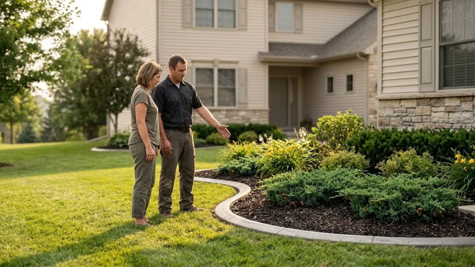 Two people standing on a lawn beside a landscaped garden in front of a suburban house