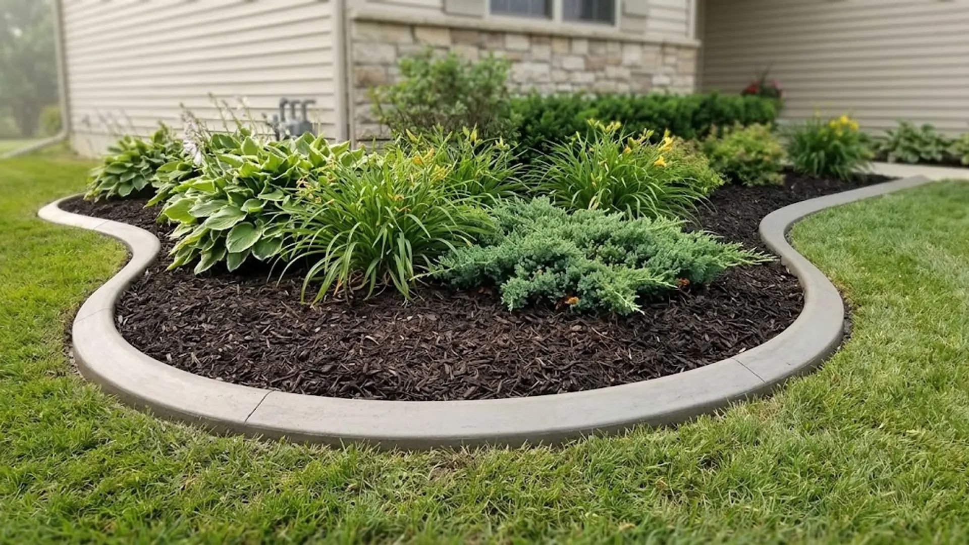 Curved landscape bed with hostas and shrubs bordered by concrete beside a house and lawn
