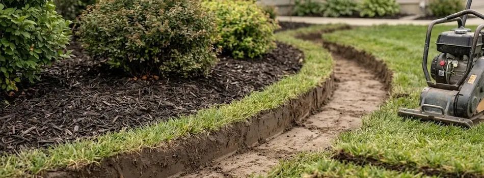 Curved garden bed edged with stone, with a lawn mower on grass beside the path