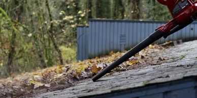 A person using a red leaf blower to remove leaves from a roof.