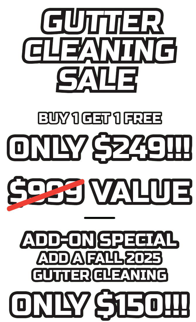 Gutter cleaning sale flyer: buy one get one free for $249, value $399, with add-on for fall 2025 cleaning at $150.