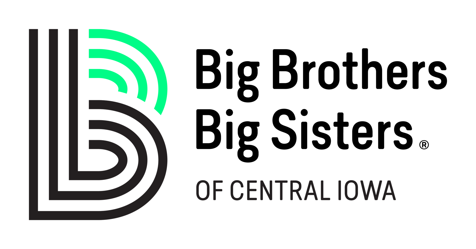 The Big Brothers Big Sisters of Central Iowa logo, featuring a stylized black and teal letter B on a white background.
