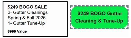 BOGO sale for gutter cleaning and tune-up. Includes 2 cleanings and a tune-up for $249, valued at $999.