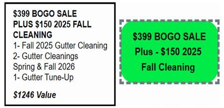 Promotional ad: $399 BOGO sale plus $150 Fall cleaning, including gutter cleaning and tune-up services.