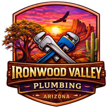 Ironwood Valley Plumbing logo with crossed wrenches over a desert sunset and Arizona landscape