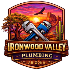 Ironwood Valley Plumbing logo with crossed wrenches over a desert sunset and Arizona landscape