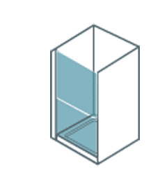 Un dibujo de una cabina de ducha con puerta de cristal.