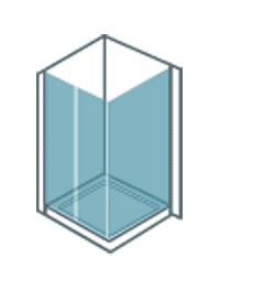 Dibujo de una cabina de ducha con puerta de cristal y desagüe.