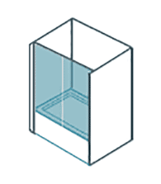 Dibujo de una cabina de ducha con puerta de cristal transparente.