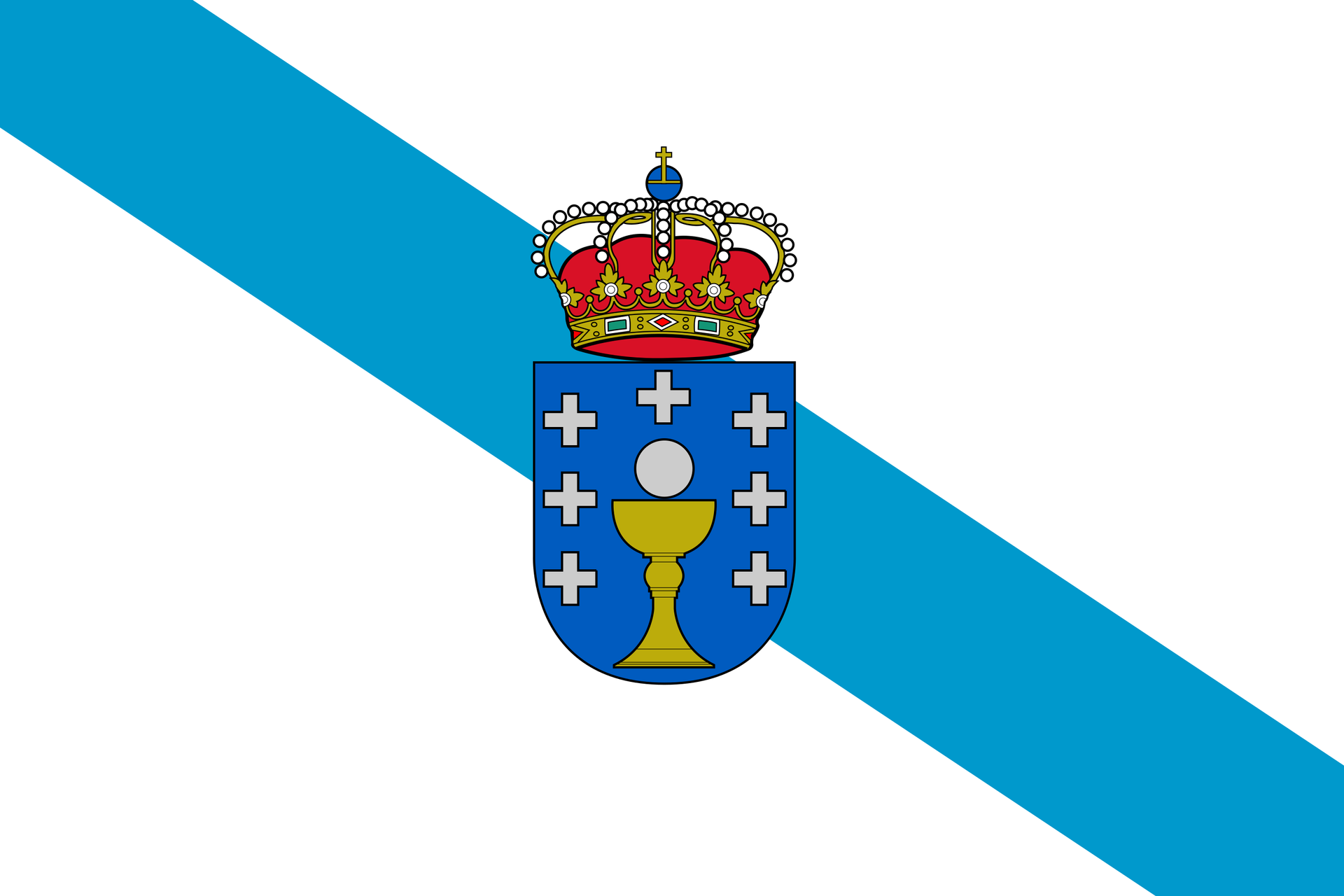 Una bandera azul y blanca con un escudo de armas.