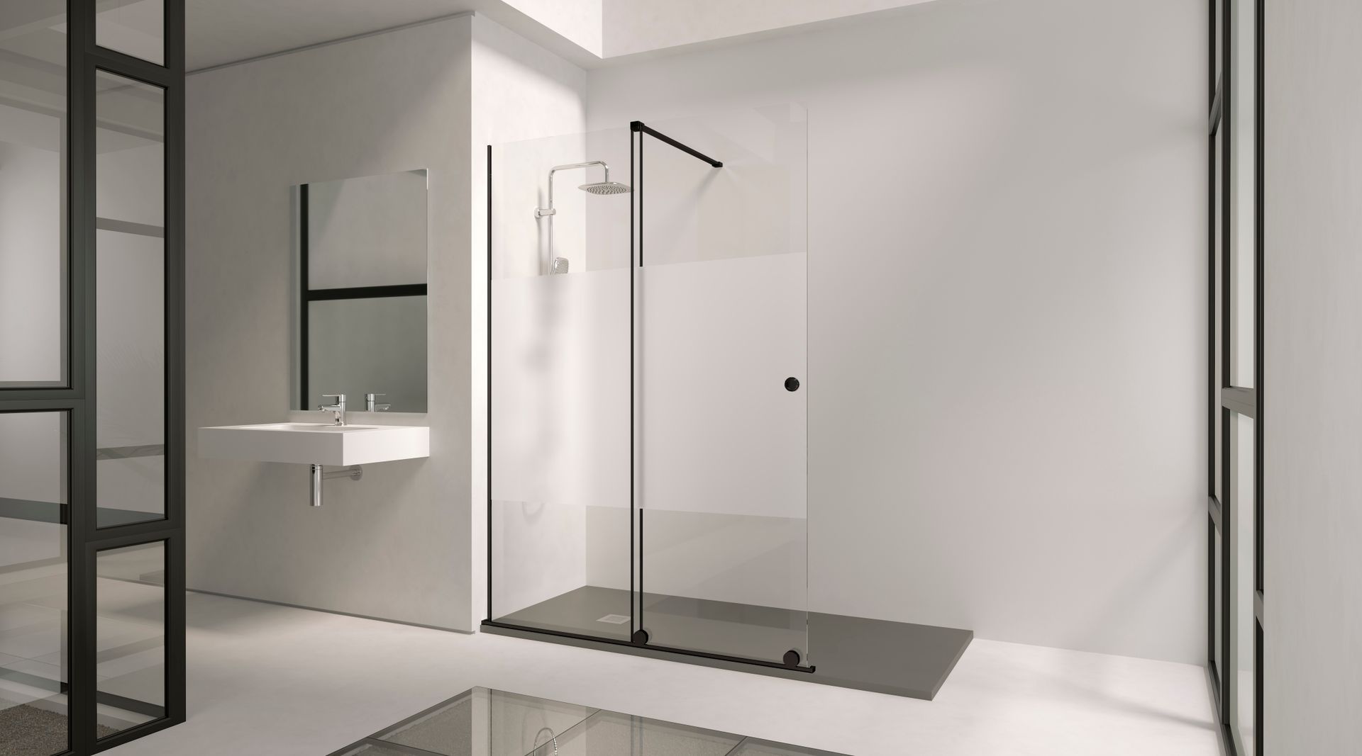 Un baño con plato de ducha y lavabo.