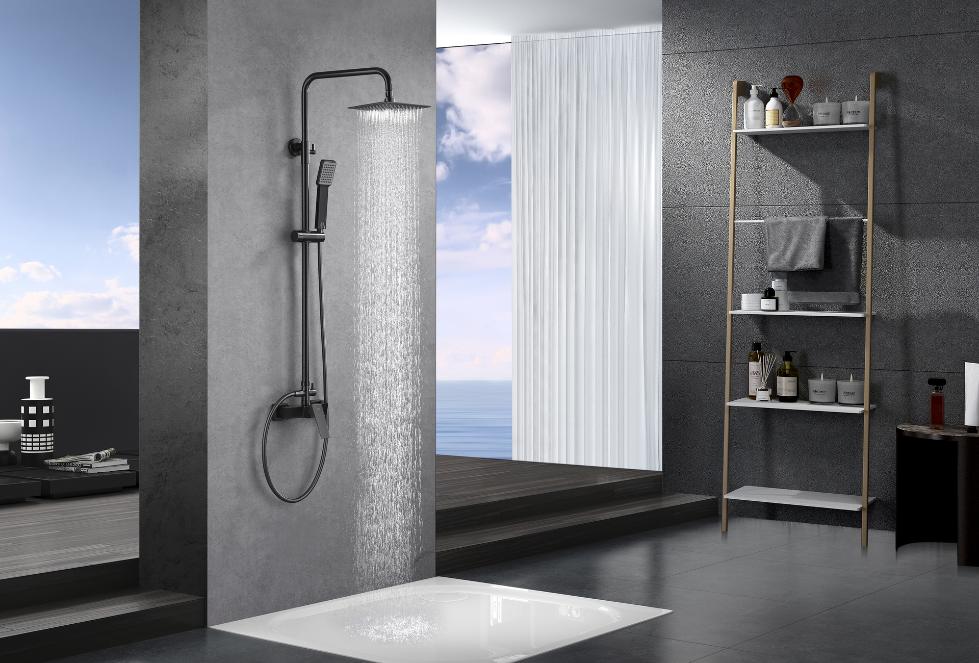 Un baño con ducha y bañera.