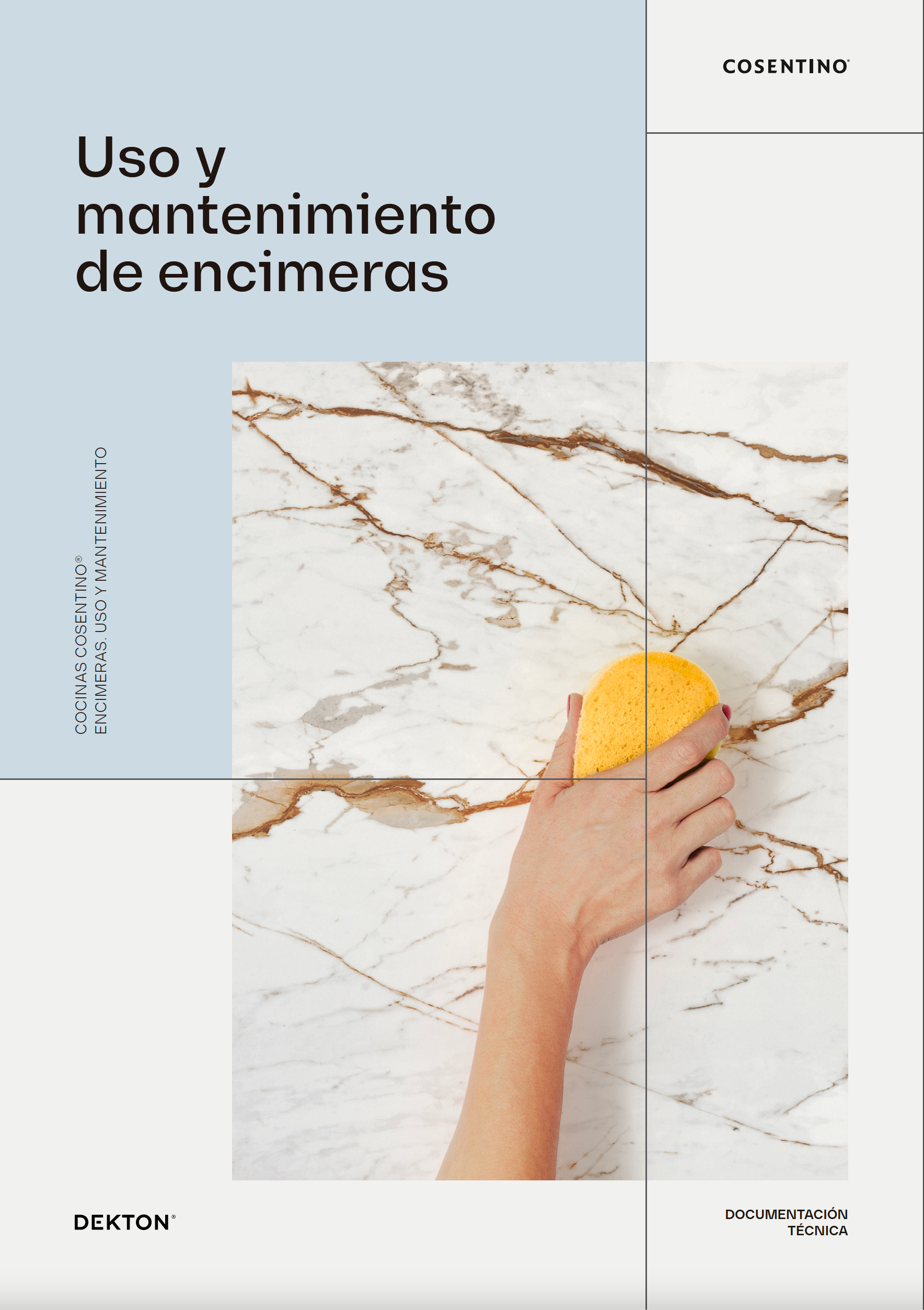 Guide on countertop use. Hand with sponge cleans marble surface. Text: