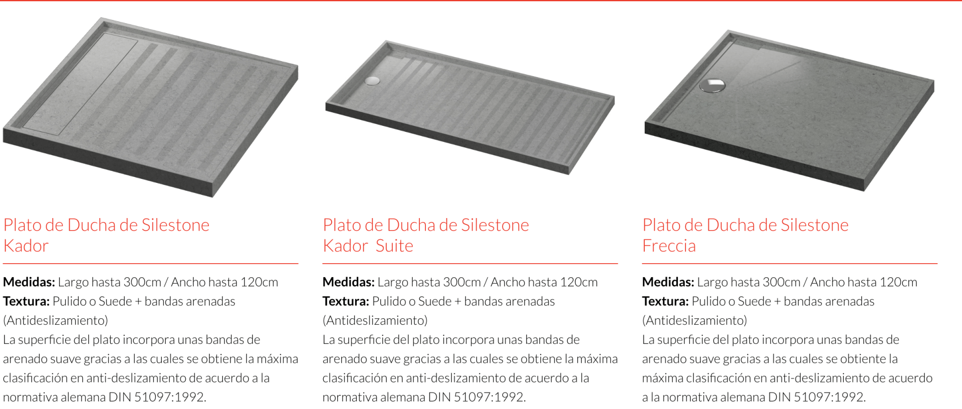 Tres tipos diferentes de platos de ducha se muestran sobre un fondo blanco.