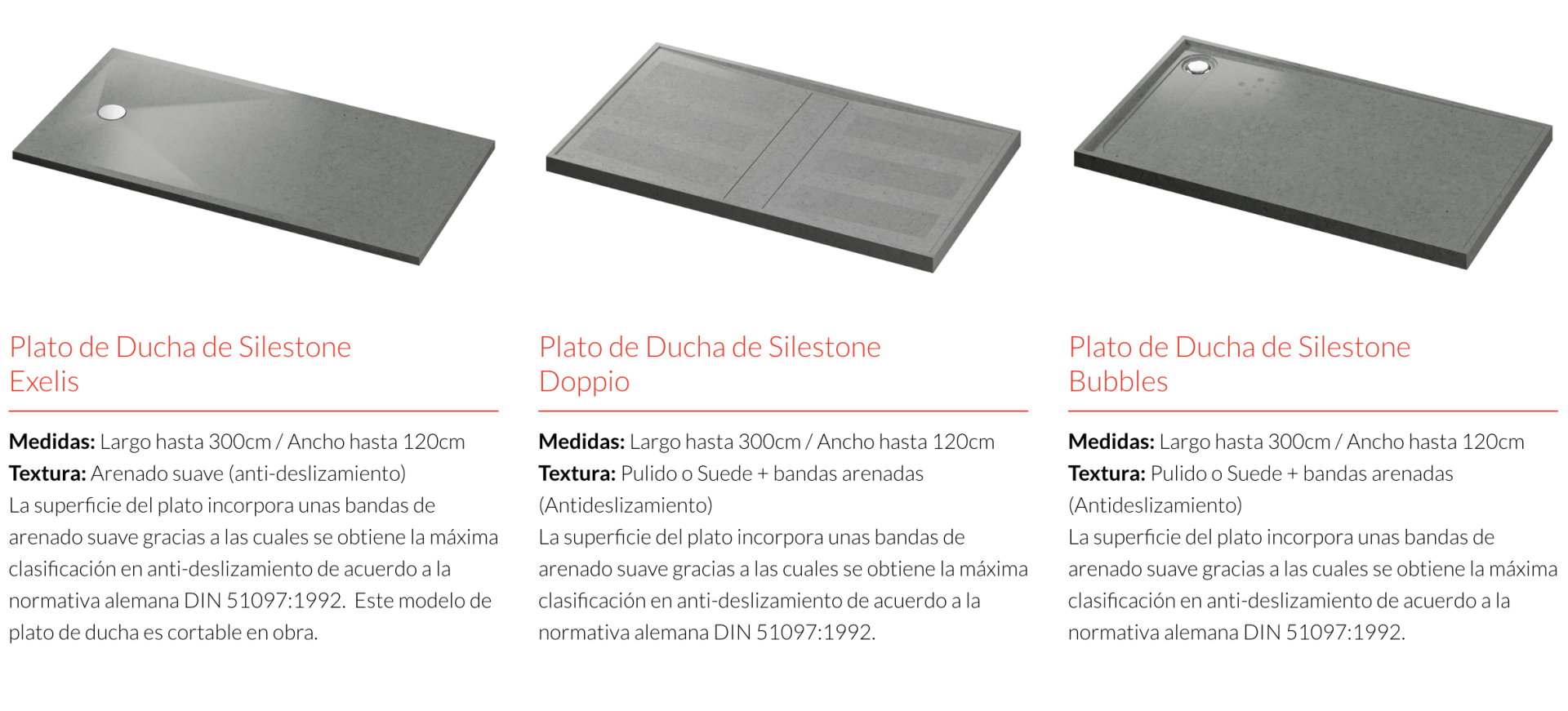 Sobre fondo blanco se muestran tres tipos diferentes de platos de ducha.
