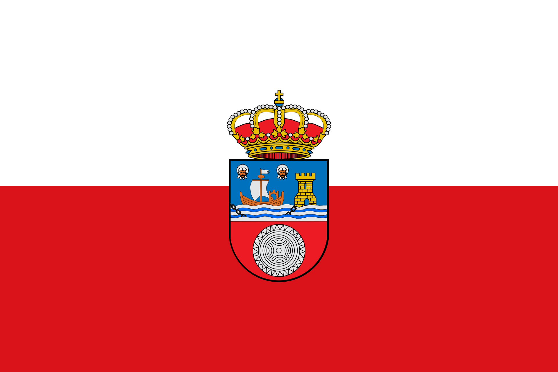Una bandera roja y blanca con un escudo de armas.