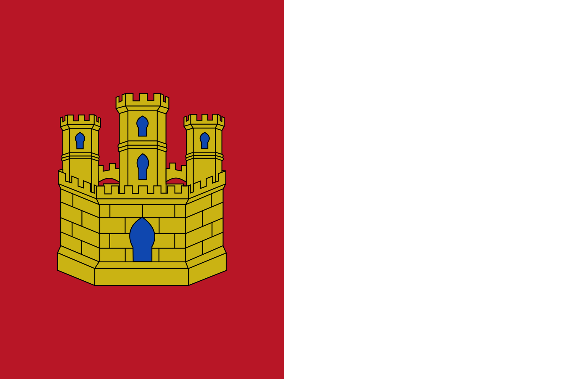Una bandera roja y blanca con un castillo.