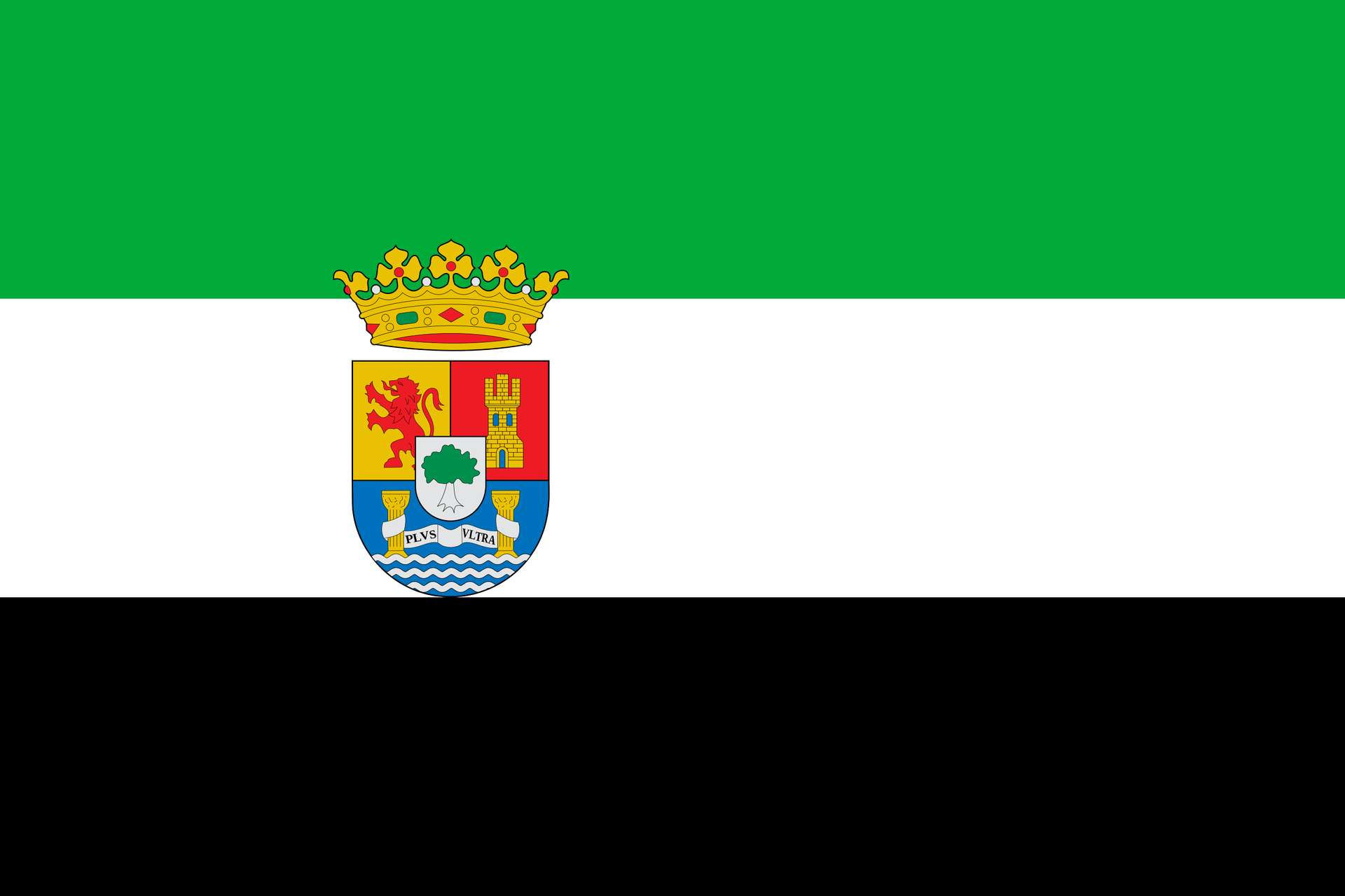 Una bandera verde, blanca y negra con un escudo de armas.