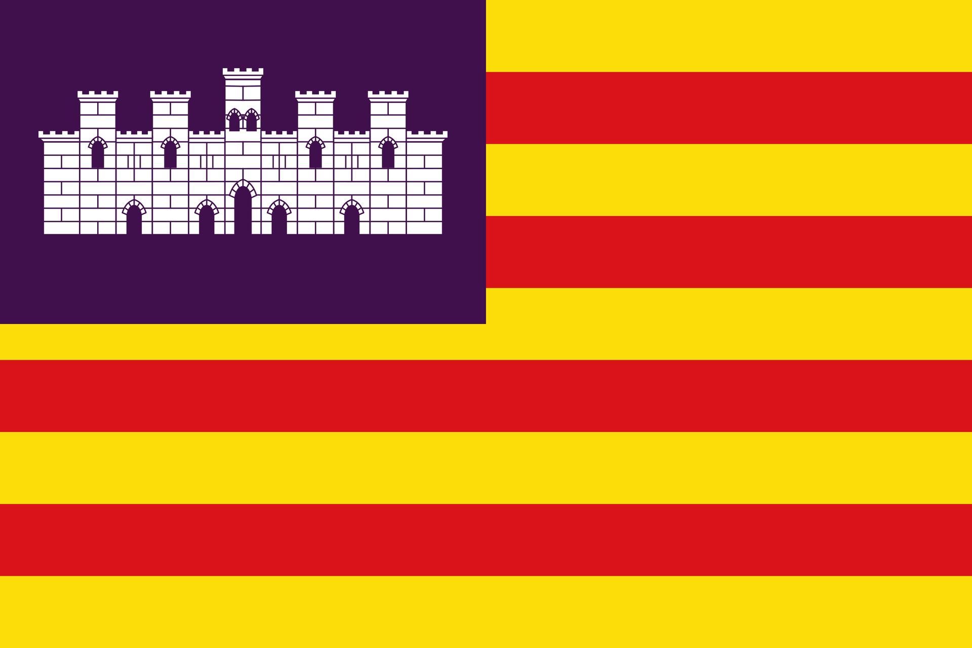Una bandera con franjas rojas, amarillas y moradas y un castillo blanco.