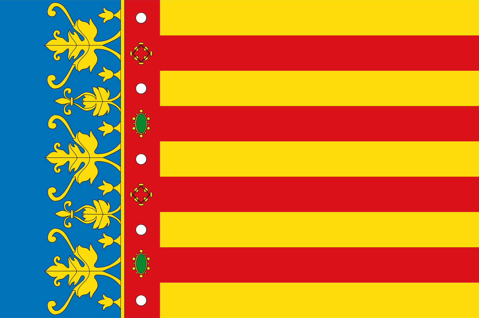 Una bandera roja, amarilla y azul con un borde floral.