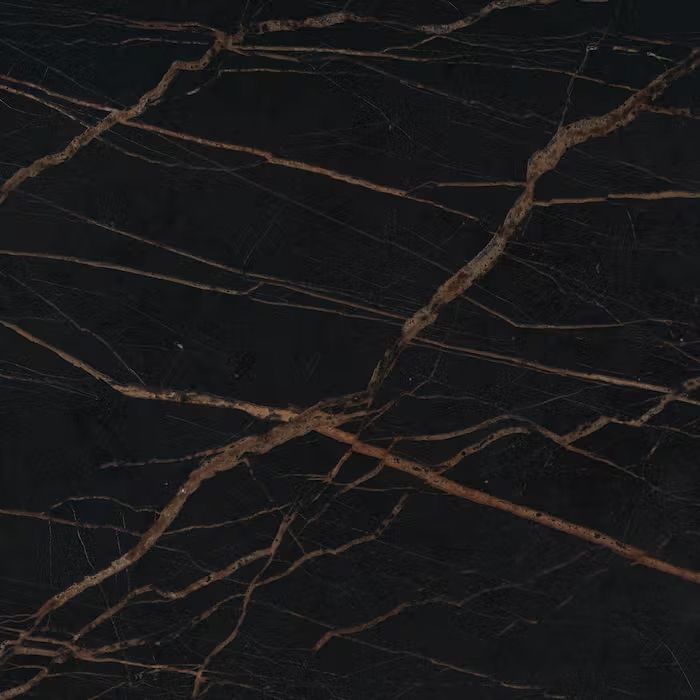 Un primer plano de una encimera de mármol negro con vetas doradas.