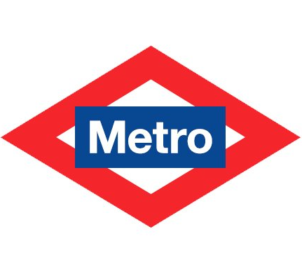 Un cartel de metro rojo, blanco y azul sobre un fondo blanco.