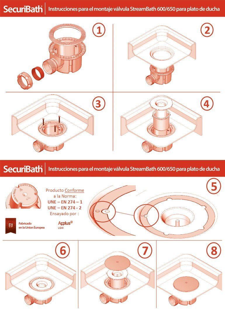 Guía de montaje ilustrada para un desagüe de ducha SecurBath, que muestra los pasos de instalación de los componentes.