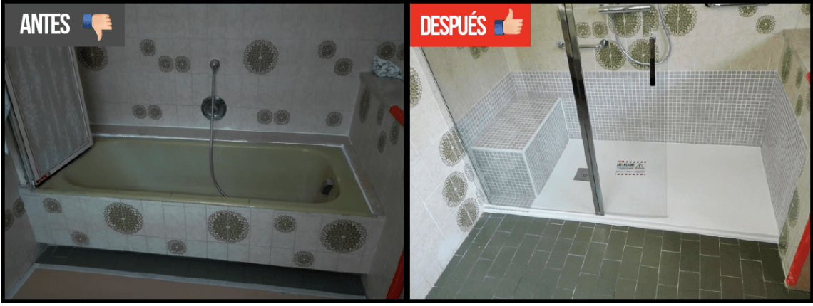 Una foto del antes y el después de una bañera y una ducha.