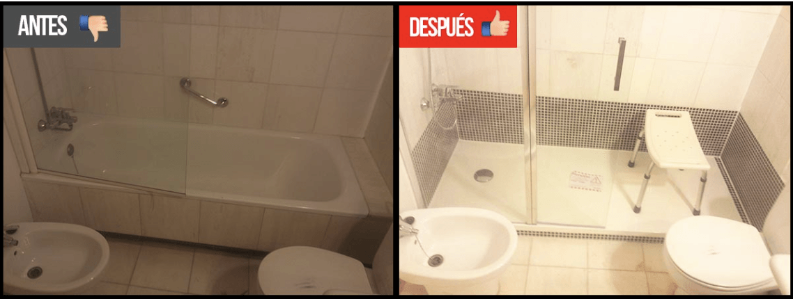 Una foto de antes y después de un baño con un cartel que dice antes