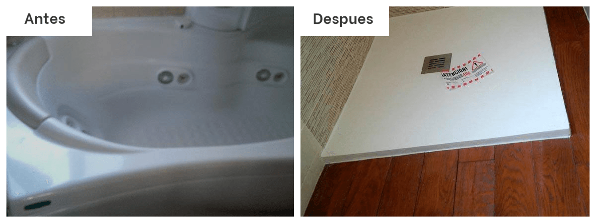 Una foto del antes y el después de una bañera y un suelo de madera
