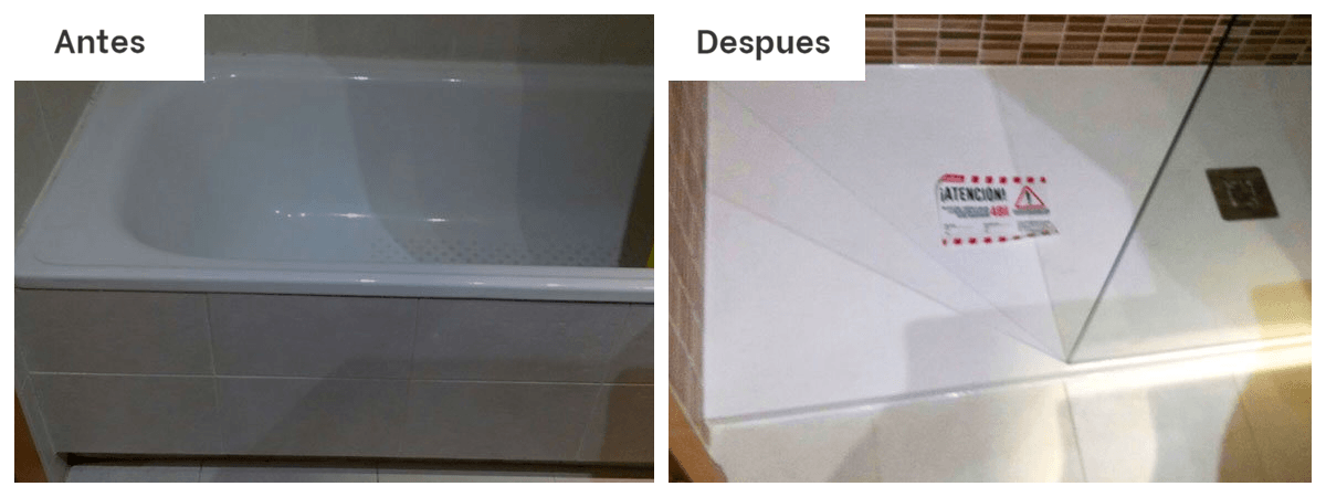 Una foto del antes y el después de una bañera y una ducha.